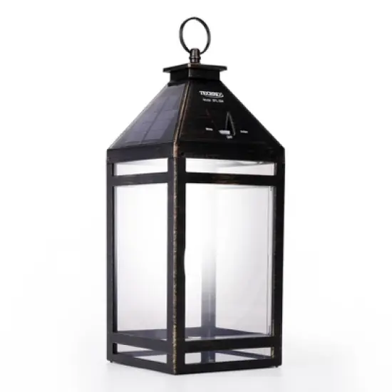 Techko Maid Metallic Black LED Solar 12.88" Outdoor Portable Decorative Lantern Clear image {1}
