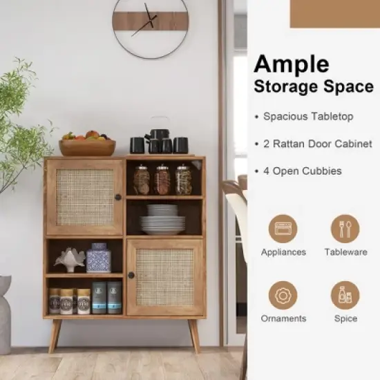 Costway Rattan Buffet Sideboard Accent Storage Cabinet Coffee Bar Cabinet Doors Cubbies image {7}