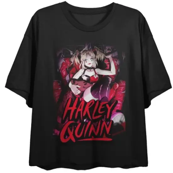 Harley Quinn Heart & Thorns Art Crew Neck Short Sleeve Women's Black Crop T-shirt image {2}