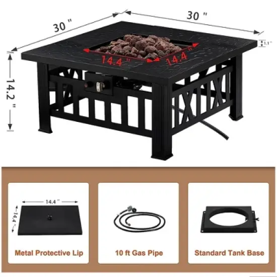 VECELO 30" Square Propane Fire Pit Table Faux-Stone Tabletop 50,000 BTU Gas with Mesh Lid Black image {2}