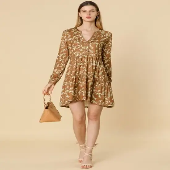 Allegra K Women's Spring Floral Long Sleeves V Neck Casual Babydoll Tiered Dress image {2}