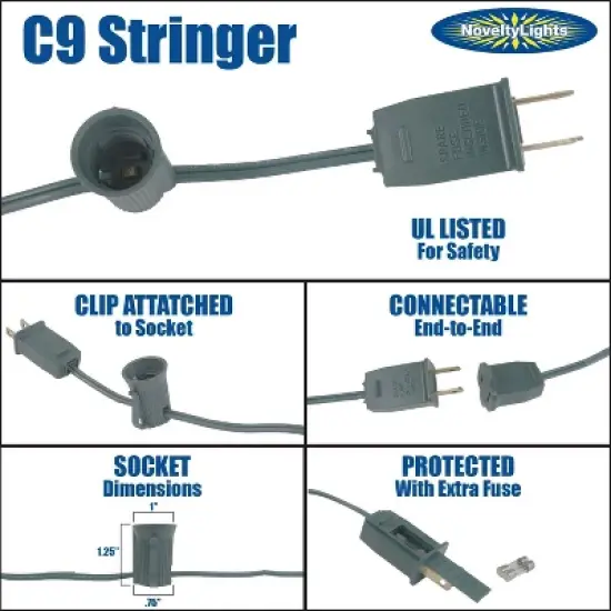 Novelty Lights 25 Feet C9 Christmas String Light Set, Vintage Holiday Hanging Light Set, Green Wire image {3}