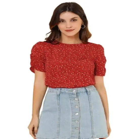 Allegra K Women's Floral Crew Neck Summer Casual Shirred Short Sleeve Blouse image {12}