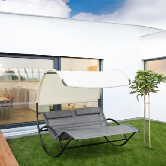 Outsunny Outdoor Double Chaise Rocking Chair, Day Bed Sun Lounger with Canopy Shade, Headrest Pillow, Armrests for Garden, Poolside, Light Gray image {1}