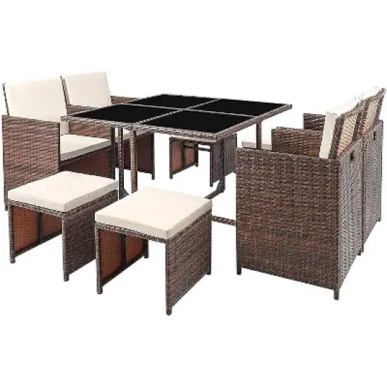 9pc Outdoor Conversation Set with Tempered Glass Table, Cushioned Chairs & Ottomans - Devoko image {5}