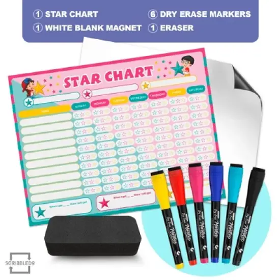 SCRIBBLEDO Magnetic Reward Chart for Kids 13"x17" Blank Dry Erase Magnet with 6 Markers & Eraser image {1}