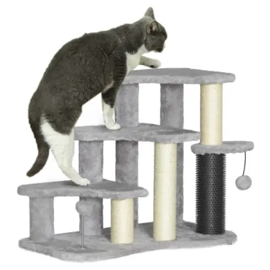 PawHut 20" Cat Tree, 2 in 1 Cat Tower 3-Step Pet Stairs with Scratching Posts, Tickling Post, Toy Balls, for High Beds, Couch, Sofa, Light Gray image {6}