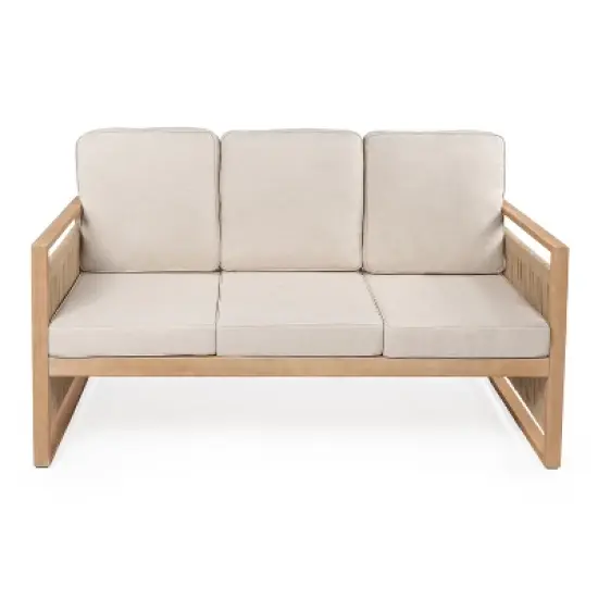 Gable 3-Seat Mid-Century Modern Roped Acacia Wood Outdoor Sofa with Cushions - JONATHAN Y image {7}
