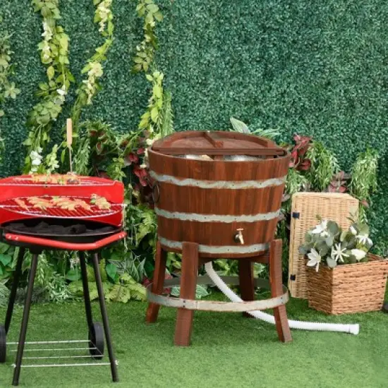 Outsunny 13 Gallons Retro Style Wooden Cooler Ice Bucket with Support Frame, Foldable Flip Cover, and Drain Faucet image {1}