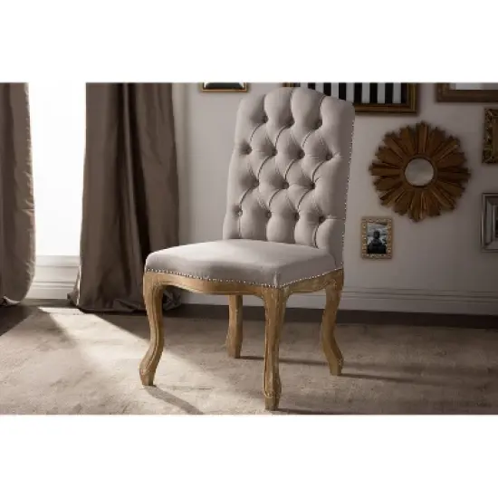 Hudson Weathered Oak Finish and Fabric Button Tufted Upholstered Dining Chair Beige - Baxton Studio: French Country Cottage Style image {4}
