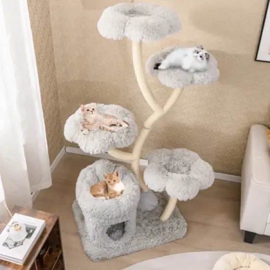 Tangkula Freestanding Cat Tower Tall Cat Tree w/ four Flower-shaped Platforms Cat Condo image {1}