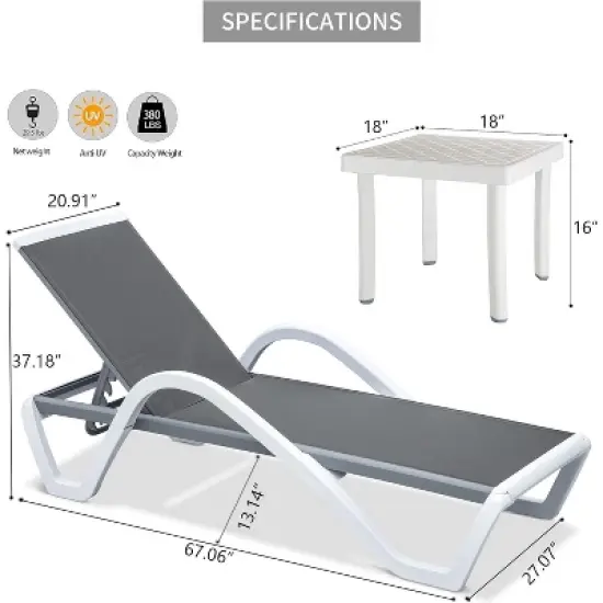 Gulches Patio Chaise Lounge Adjustable Aluminum Pool Lounge Chairs with Arm for Outside,in-Pool,Lawn (Gray, 1 Lounge Chair+1 Plastic Table) image {2}