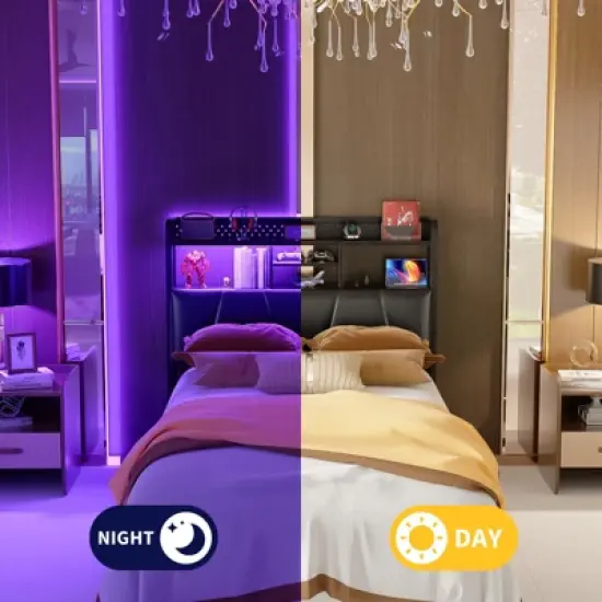 Aheaplus Upholstered Headboard with Storage Shelf, Charging Station and LED Light image {6}