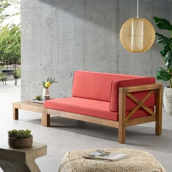 2pc Brava Outdoor Acacia Wood Right Arm Loveseat & Coffee Table with Cushion Teak/Red - Christopher Knight Home image {4}