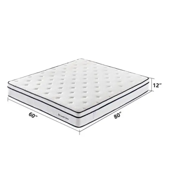 Luck Live 12 inch boxed Queen mattress, medium firmness support, pressure relief, and CertiPUR-US certified. image {8}