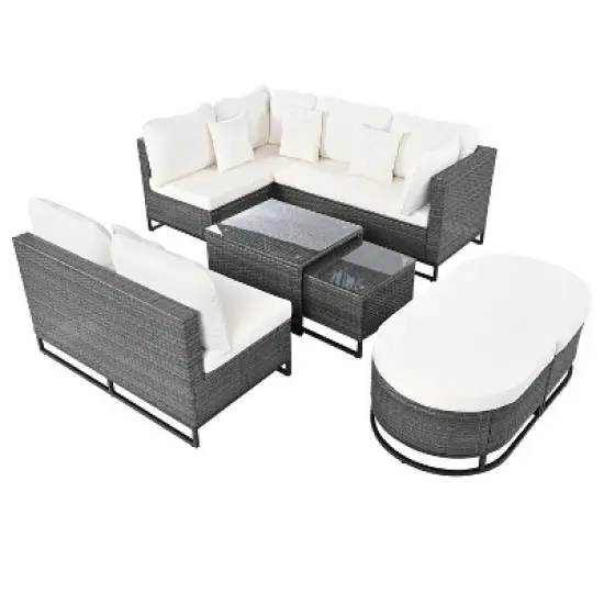 FIONECA 7-Piece Large Outdoor Wicker Sofa Set with 2 Coffee Tables & Pillows, Patio Rattan Sectional Furniture for Garden, Deck, Beige image {8}