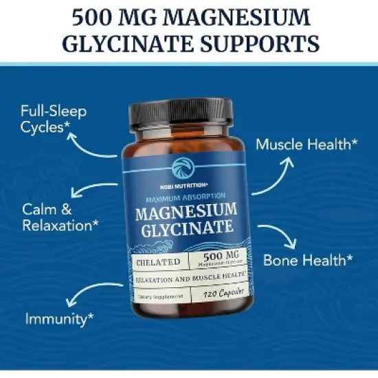 Magnesium Glycinate 500mg Supplement, High Absorption Formula for Sleep, Calm, Muscle Relaxation, Heart, Bone & Nerve Support, Nobi Nutrition image {1}