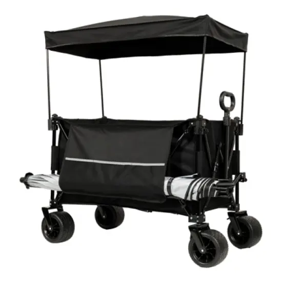 DSVIMOY Collapsible Foldable Extended Wagon with Canopy, Beach Wheels & Drink Holders and Side Pocket, Black, 37.4"*23.03"*42.52" image {4}