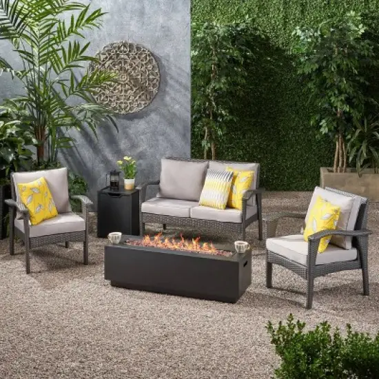 5pc Wicker Chat Set with Fire Table - Gray/Light Gray/Dark Gray - Christopher Knight Home image {1}
