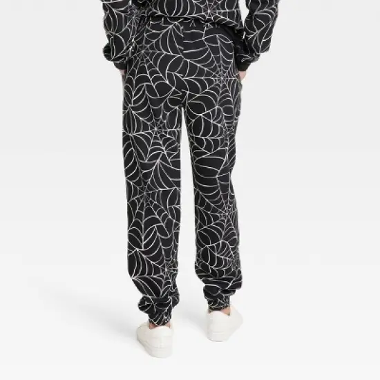 Women's Halloween Spider Web Graphic Jogger Pants - Black image {1}