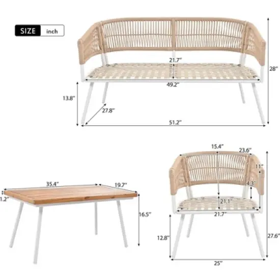 4-Piece Boho Patio Furniture Set with Handmade Rope Weave, Acacia Wood Table, and Metal Frame image {6}