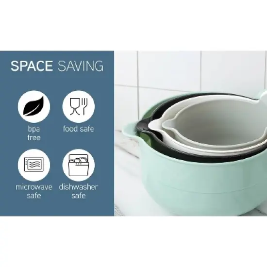 COOK WITH COLOR Nesting Plastic Mixing Bowl Set with Pour Spouts and Handles, Mint, 4 Piece Non-Slip image {4}