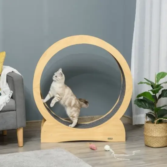 PawHut Cat Running Wheel Cat Tree with Carpet Runway Cat Exercise Wheel with Brake Cat Tower Pet Furniture for Kittens Natural image {2}