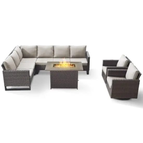 POCASSY L-Shaped Patio Sectional Sofa Set with Fire Pit Table, All Weather Brown Wicker Outdoor Furniture Set with Swivel Chair and Propane Fire Pit image {2}