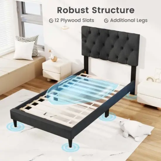 Costway Twin/Full/Queen Size Bed Frame with Button-Tufted Headboard & Wooden Slats Easy Assembly image {6}