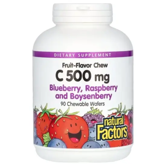 Natural Factors Vitamin C Fruit-Flavor Chew, Blueberry, Raspberry and Boysenberry, 500 mg, 90 Chewable Wafers image {4}