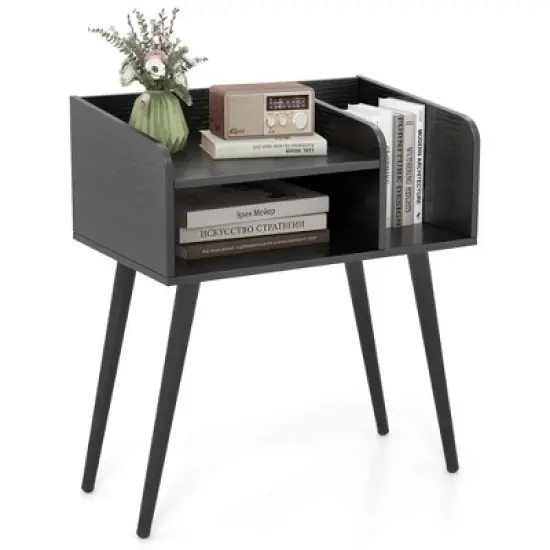 Costway Mid Century Modern End Table with Open Shelves Metal Support Legs for Bedroom White/Black/Coffee image {9}
