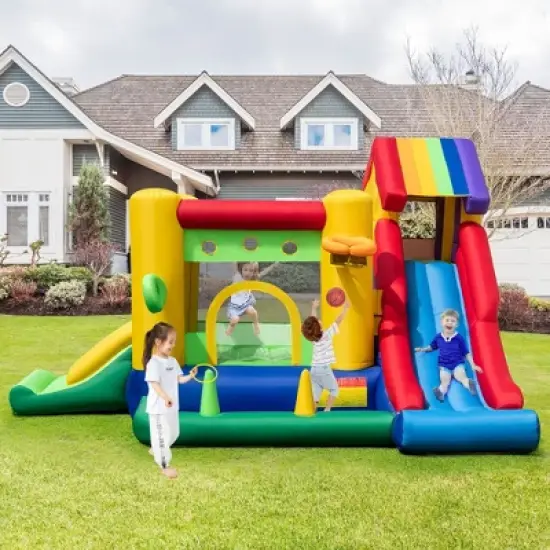 Costway Colorful Rainbow Kids Inflatable Bounce Castle with 50 Ocean Balls & 735W Blower image {1}