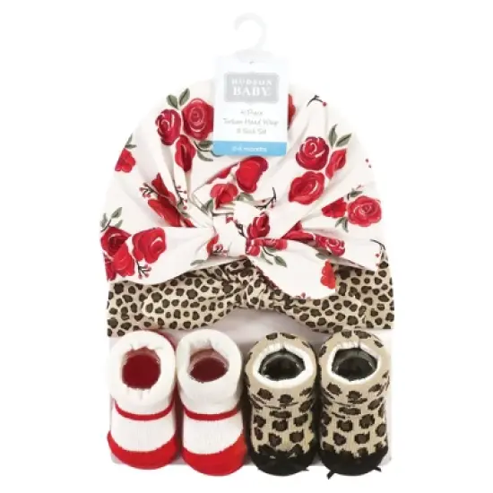 Hudson Baby Infant Girl Turban and Socks Set, Red Rose Leopard, One Size image {1}