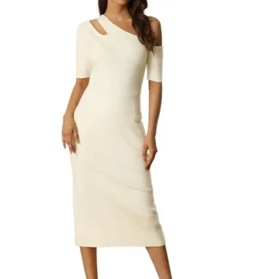 Seta T Women's Spring Fall Short Sleeve Cutout Off Shoulder Bodycon Midi Sweater Dresses image {6}