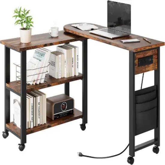 GustoWave 360&deg; Rotating Side Table with Charging Station and Extra Storage Pocket and 6 Swivel Casters with Brakes for Bedroom and Living Room image {2}