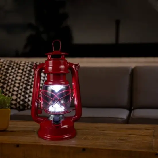 Indoor/Outdoor Metal/Glass Hurricane Lantern with Dimmable LED Lights Red - Alpine Corporation: Battery-Powered, All-Weather Design image {1}