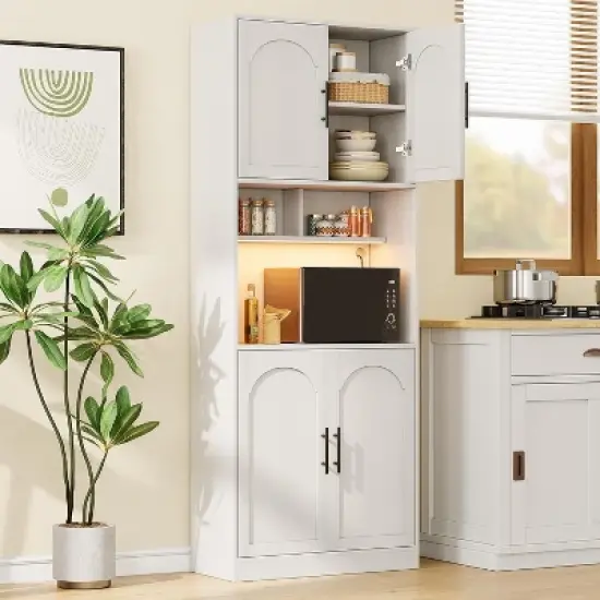 71" Pantry Cabinet, Tall Kitchen Hutch with Led Lights, Freestanding Kitchen Cabinet with Microwave Shelf, for Dining Room, Bathroom, Living Room image {9}