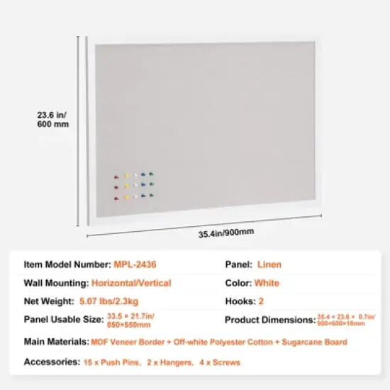 VEVOR 36"x24" White Cork Board with Linen Surface &ndash; Stylish Wall-Mounted Bulletin Board, Elegant & Functional Noticeboard image {7}