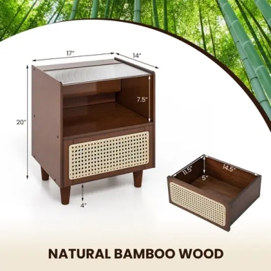 Tangkula Bamboo Rattan Nightstand Boho Bedside End Table w/ Drawer & Wood Legs image {8}