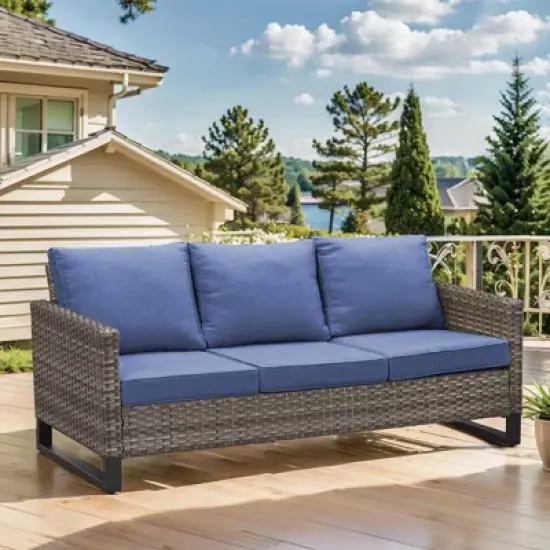 POCASSY 74.4" Outdoor Wicker Couch with Metal Armrest, 3-Seater Couch with Square Armrest Patio Furniture Sofa for Porch Balcony, Gray image {9}