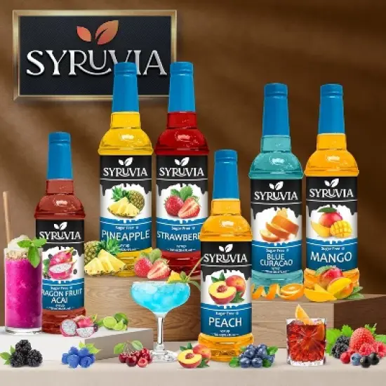 Syruvia Sugar Free Coffee Flavors Variety Pack: Peach, Blue Raspberry, Strawberry, Blackberry, Mango, Cherry 25.4 fl oz Syrup image {6}