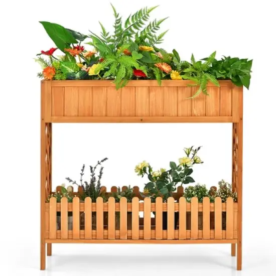 Costway 2-Tier Raised Garden Bed Elevated Wood Planter Box for Vegetable Flower Herb image {8}