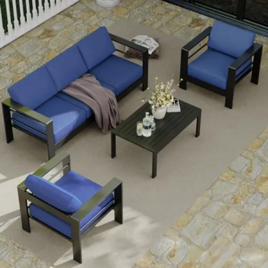 5 Seats Aluminum Patio Furniture Set, 4 PCS Outdoor Sectional Conversation Set with 4" Wide Armrest, Backyard Sectional Sofa Set with Coffee Table image {8}