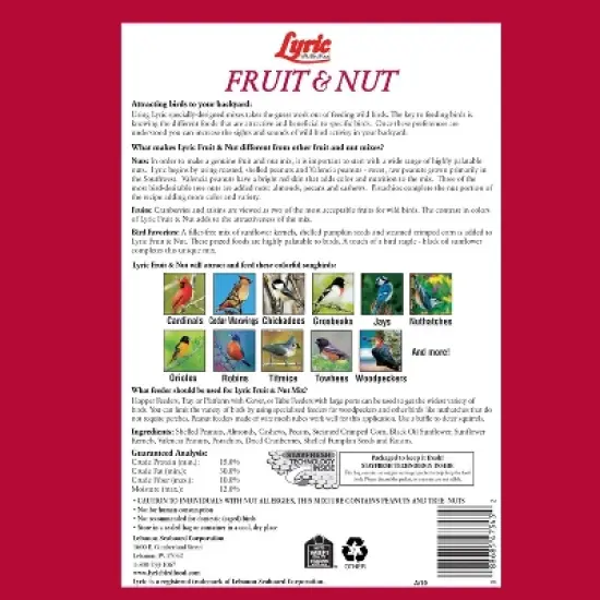 Lyric Fruit and Nut Wild Bird Seed - High Energy Wild Bird Food Mix - Attracts Woodpeckers, Chickadees & Other Songbirds -5 lb. Bag image {1}