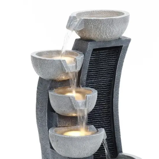 LuxenHome 26" Modern Outdoor Water Fountain with Planter and Lights, Resin Cascading Bowl Garden Waterfall Indoor and Outdoor Use Gray image {3}