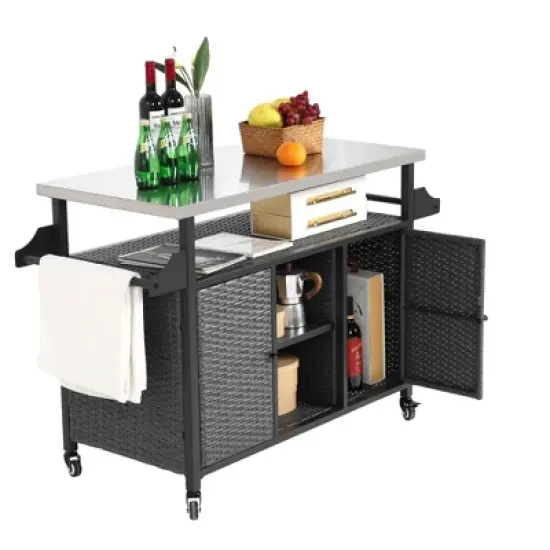 Outdoor Kitchen Wicker Island Rolling Cart & Storage Cabinet, Wheels and Stainless Steel Extended Table Top Grey image {6}