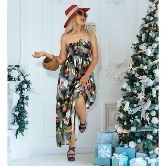 LA LEELA Women's A line Slit Smocked Maxi Casual Beach Dress Tube Top Evening Long Strapless Christmas Outfits for Women image {4}