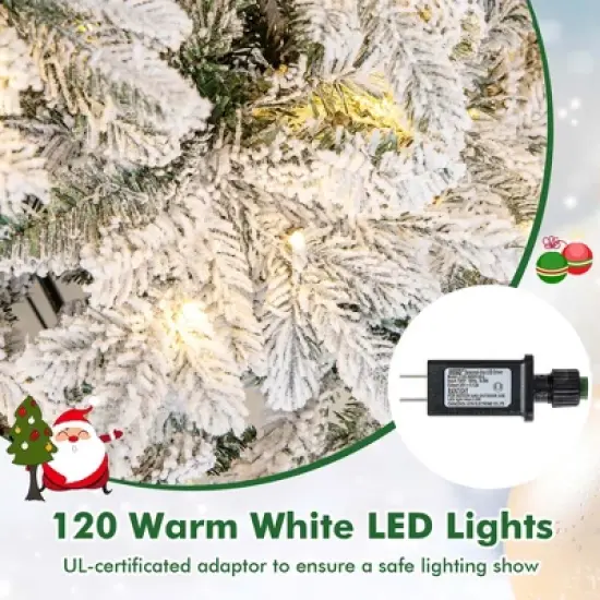 Costway 4.5FT/6FT/7 FT Pre-Lit Flocked Christmas Tree Hinged w/ 120/260/300 LED Lights & 757/1415/1687 Branch Tips image {7}
