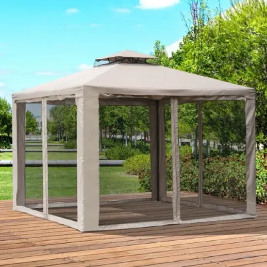 Outsunny 10' x 10' Patio Gazebo Outdoor Canopy Shelter with 2-Tier Roof and Netting, Steel Frame for Garden, Lawn, Backyard and Deck image {1}
