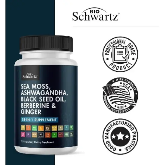 Sea Moss Ashwagandha Black Seed Oil Berberine and Ginger Supplement Capsule, 18 Key Nutrients for Overall Health Support, Bioschwartz, 120ct image {4}